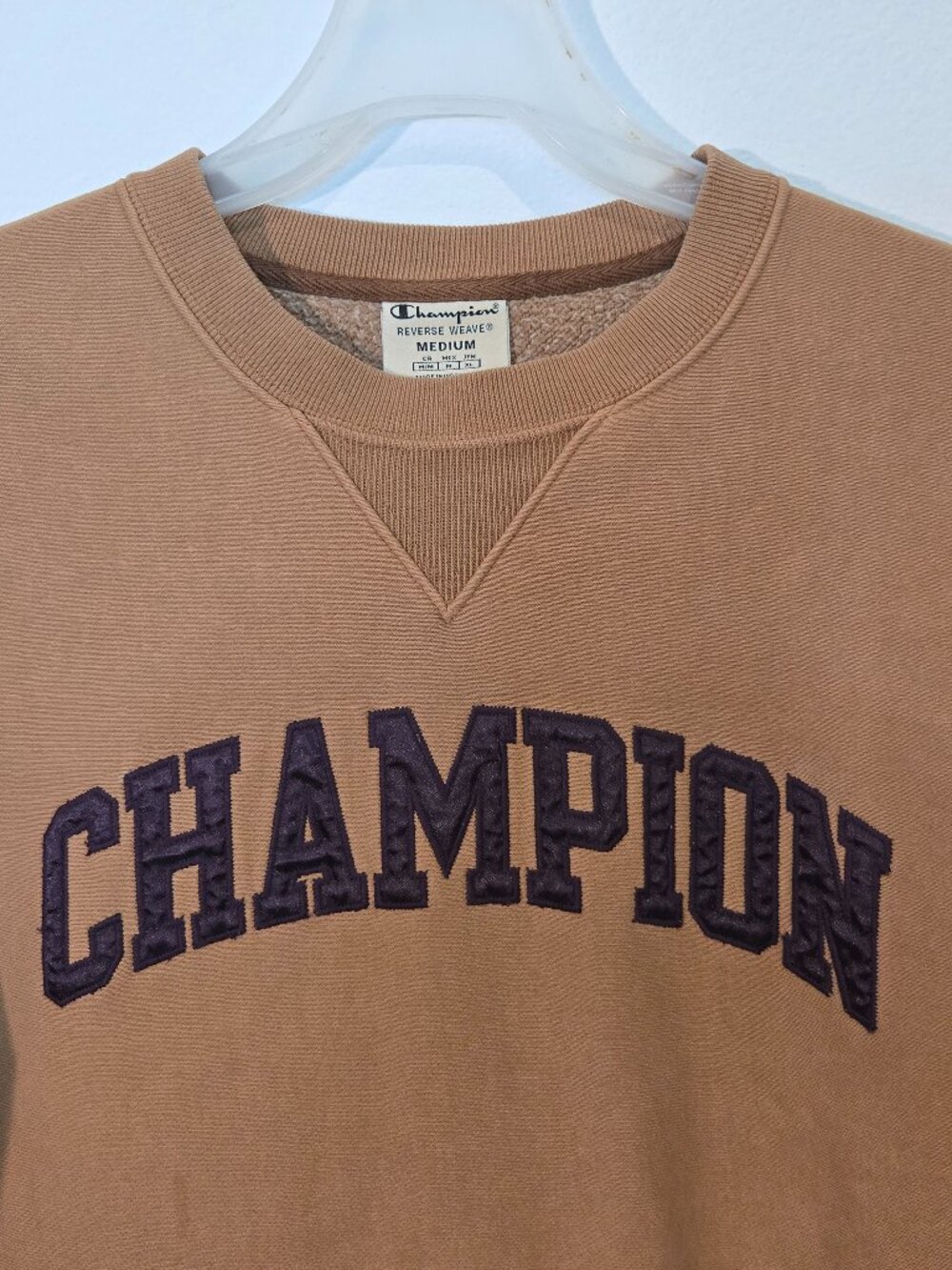 Champion cropped crew neck sweatshirt size M tan khaki light brown purple logo u - Picture 2 of 6